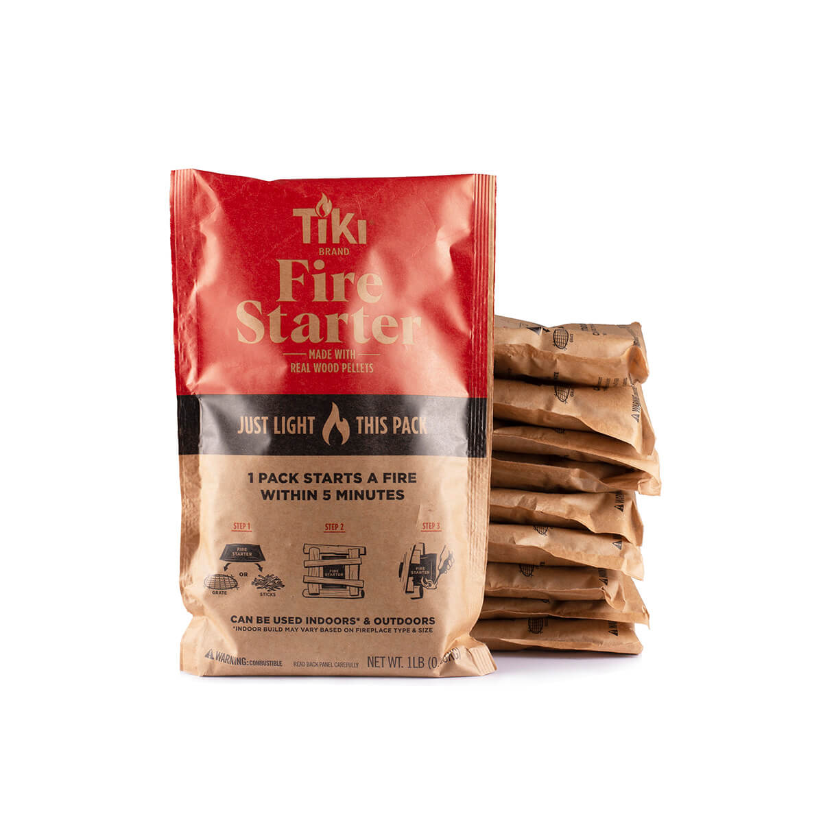 Red Tiki Brand Fire Starter pack, made with real wood pellets, starts a fire in 5 minutes.