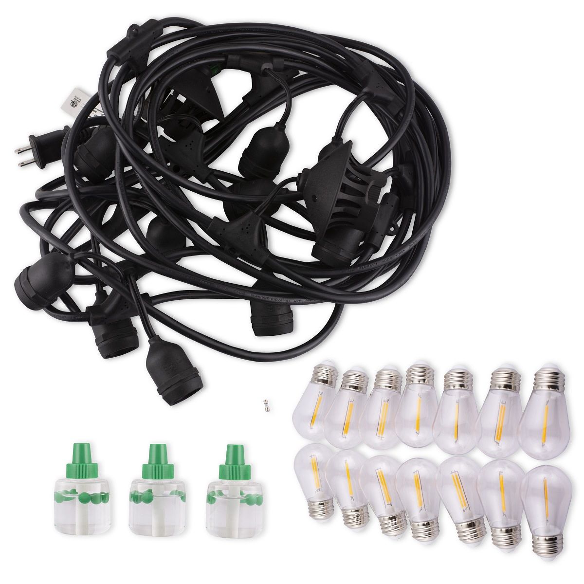 Outdoor string light kit with bulbs and three insect repellent pods, ideal for patios. Easy to install and ADA-friendly.