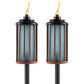 Pair of TIKI Brand outdoor torches with blue glass and bronze metal accents, each lit with a visible flame.