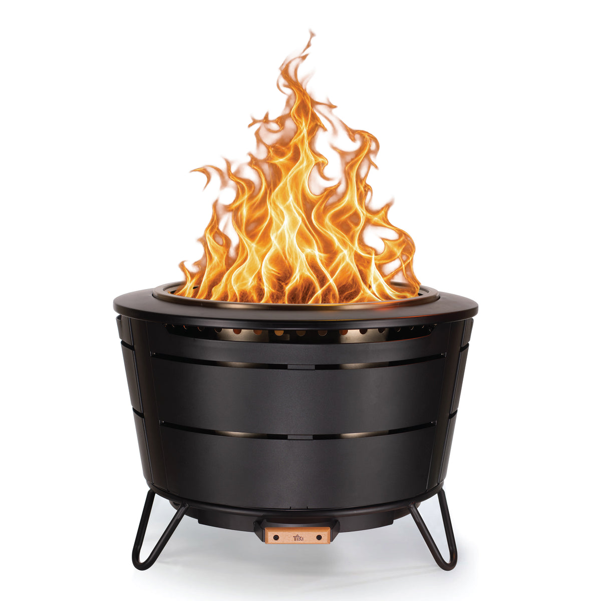 TIKI Brand Reunion Smokeless Fire Pit, front view with large flames burning