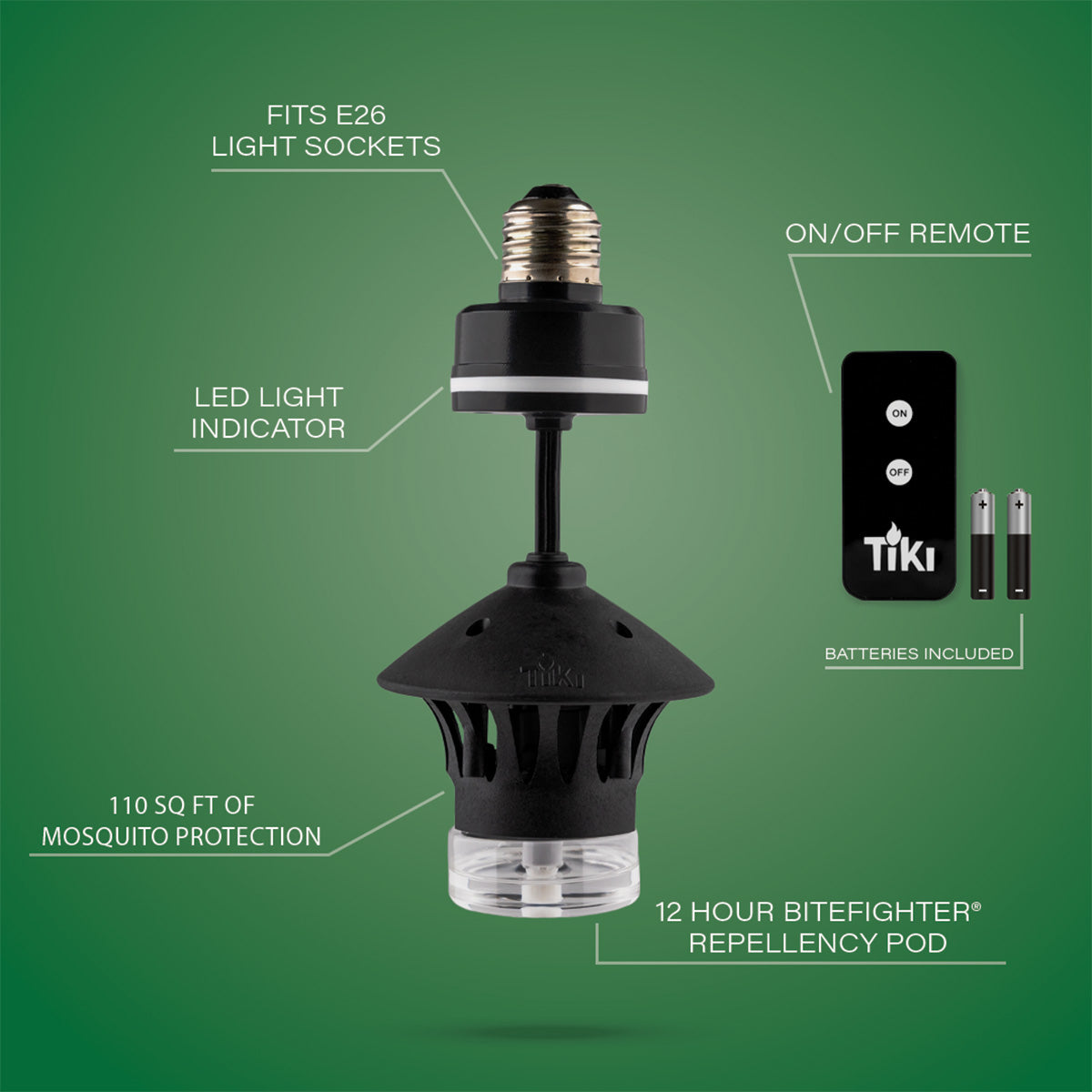 Black Tiki mosquito repellent light bulb with remote and LED indicator, fits E26 sockets, covers 110 sq ft.