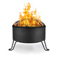 Black metal outdoor fire pit with mesh cover, elevated on four legs, showing bright flames inside.