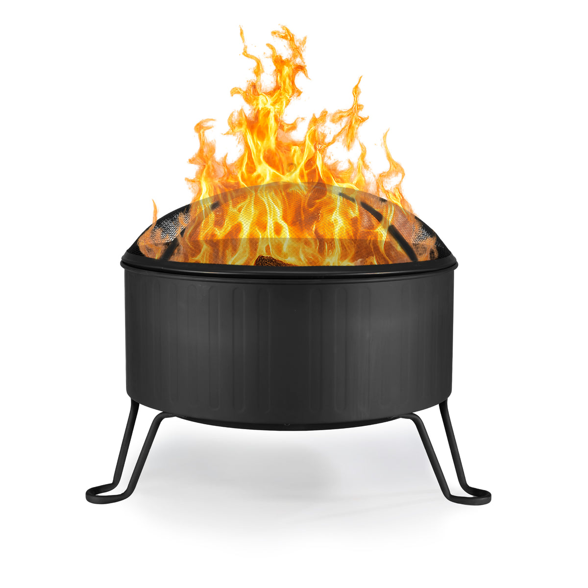 Black metal outdoor fire pit with mesh cover, elevated on four legs, showing bright flames inside.