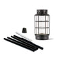 Black metal TIKI torch kit with glass housing, four pole pieces, wick, and snuffer cap for outdoor lighting.