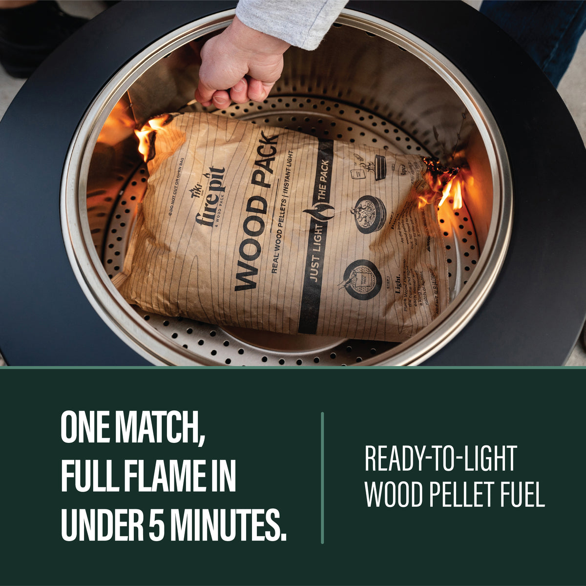 Bag of ready-to-light wood pellet fuel in a fire pit, igniting easily for a full flame in under 5 minutes.
