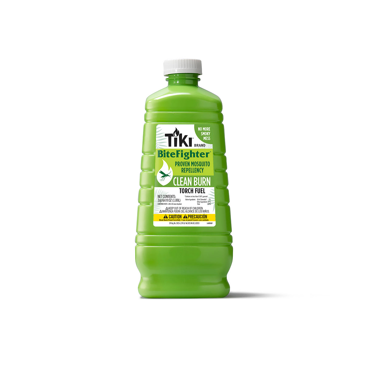 Green bottle of TIKI BiteFighter Clean Burn Torch Fuel, proven mosquito repellency for outdoor torches.