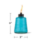 Blue glass TIKI tabletop torch, 6 inches tall by 3 inches wide, with textured surface and visible flame.