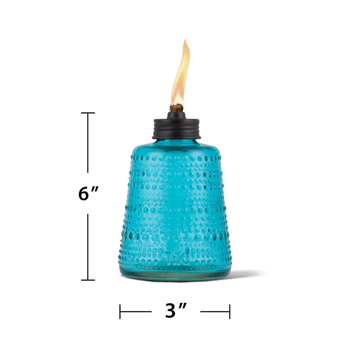 Blue glass TIKI tabletop torch, 6 inches tall by 3 inches wide, with textured surface and visible flame.