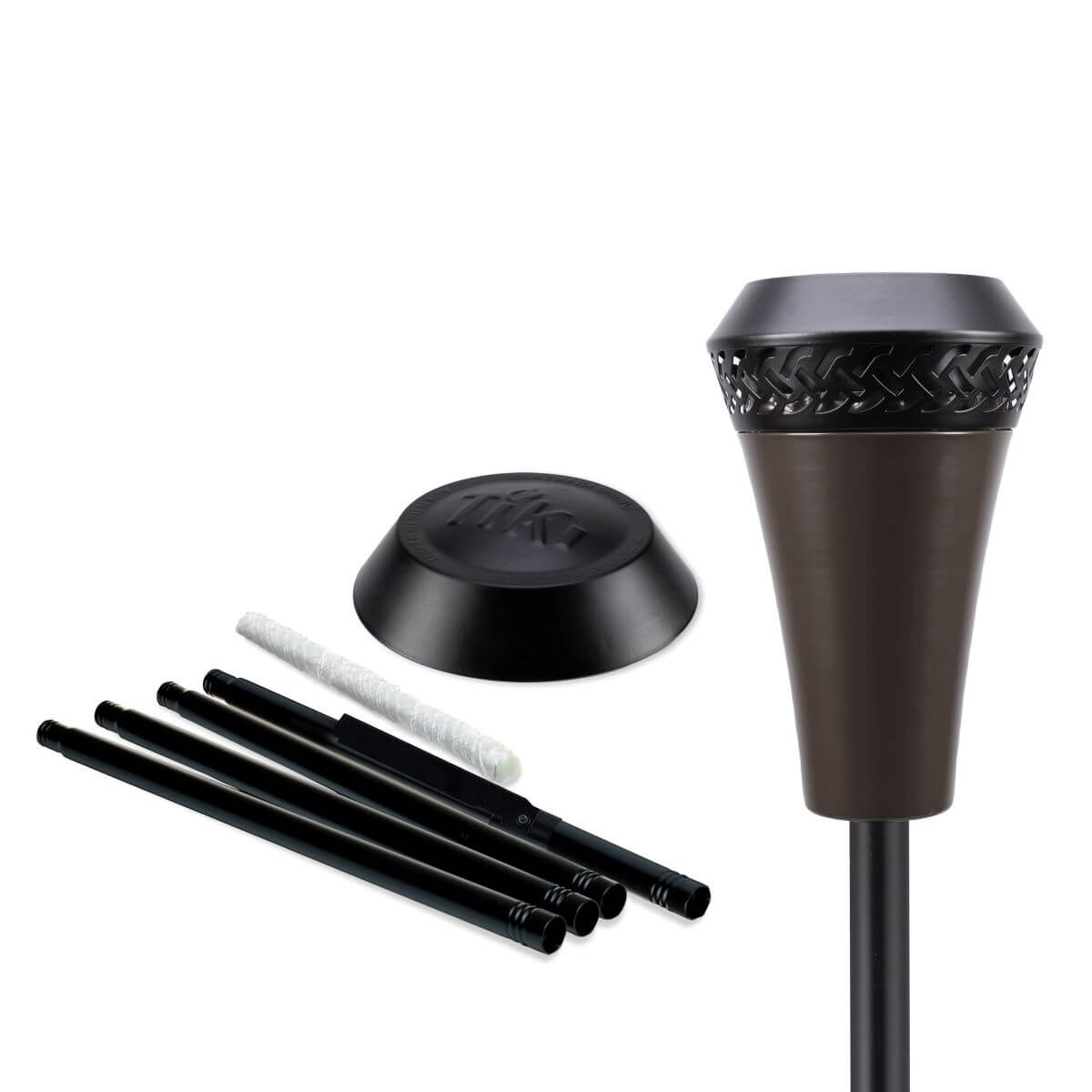 TIKI Brand torch kit with black torch head, pole sections, base, and wick, shown disassembled for easy setup.