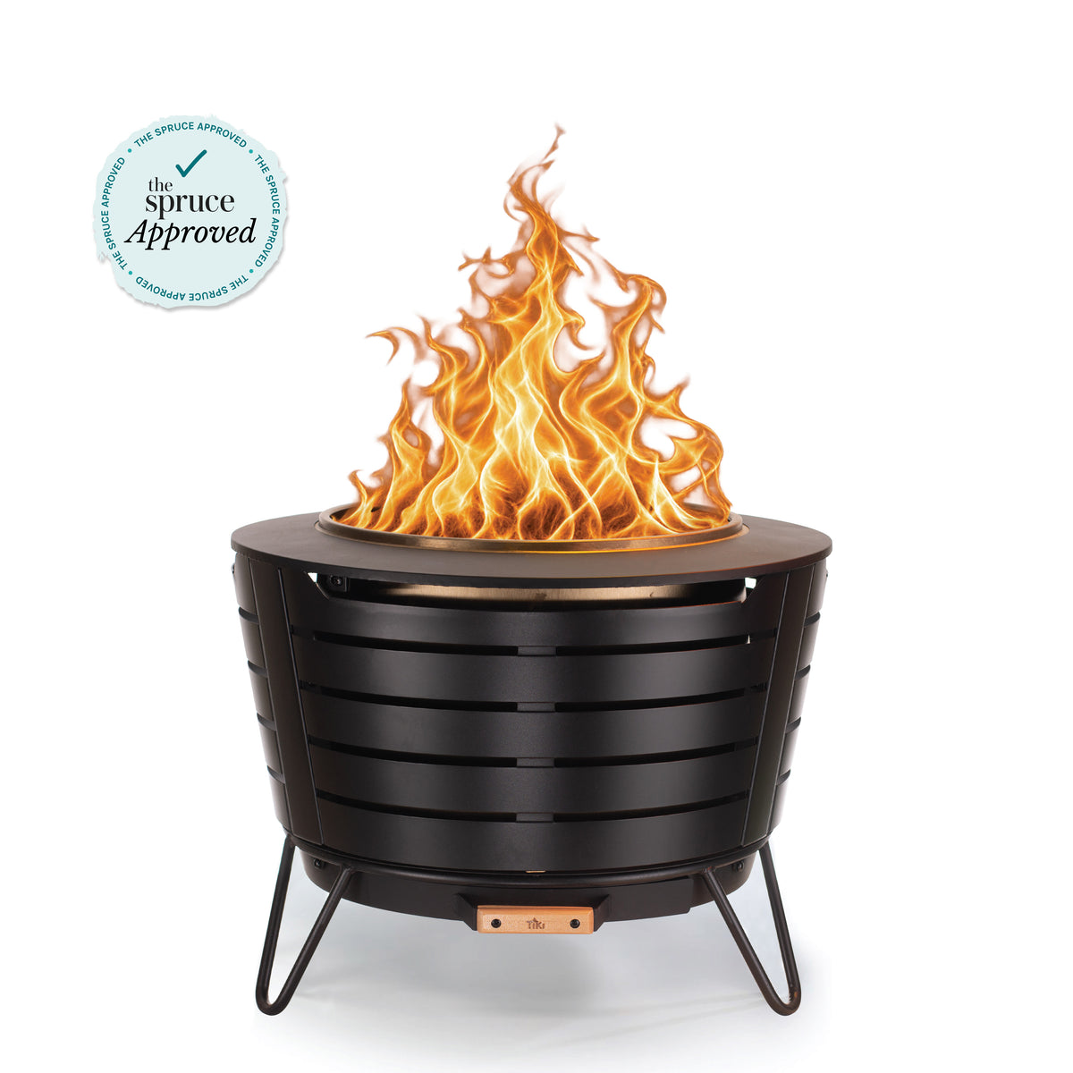 TIKI Brand Patio Smokeless Fire Pit, front view lit with tall flames on hairpin legs