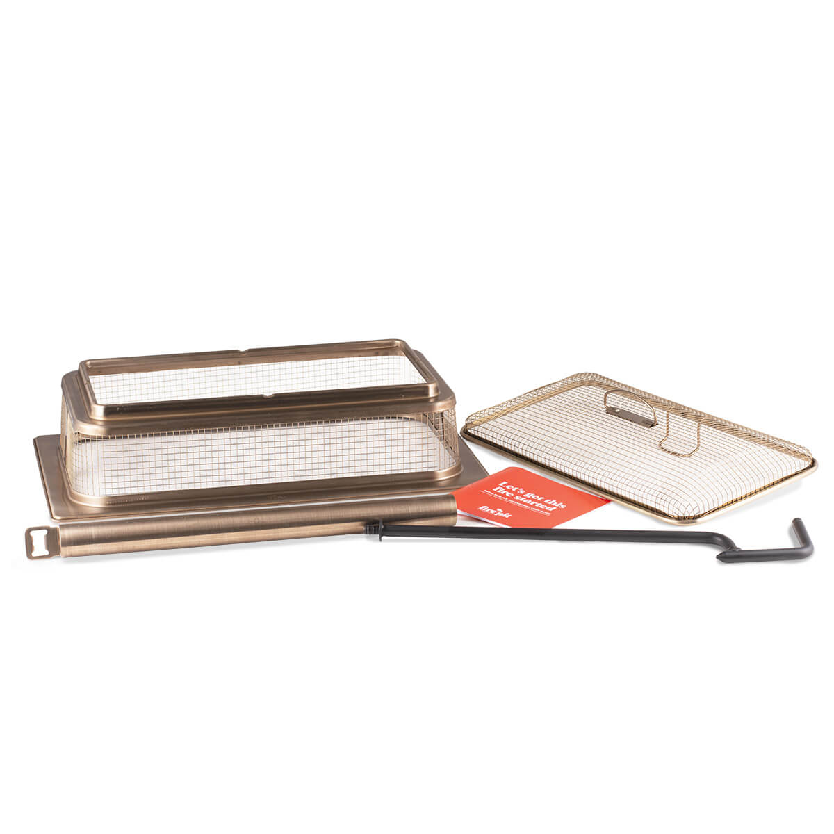 Bronze-colored fire pit spark screen kit with lid, frame, poker, and instructions, shown on a white background.