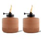 Set of two brown ribbed ceramic Tiki torches with black tops and visible flames, ideal for outdoor ambiance.