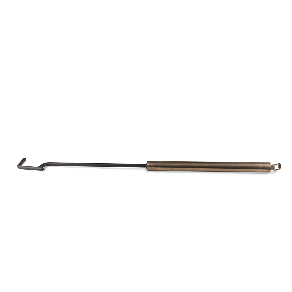 Bronze and black metal crowbar with hook end.