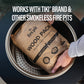Brown bag labeled "Wood Pack" with real wood pellets, placed in a smokeless fire pit. Easy to light, Tiki brand compatible.