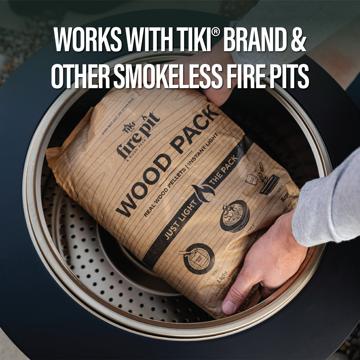 Brown bag labeled "Wood Pack" with real wood pellets, placed in a smokeless fire pit. Easy to light, Tiki brand compatible.