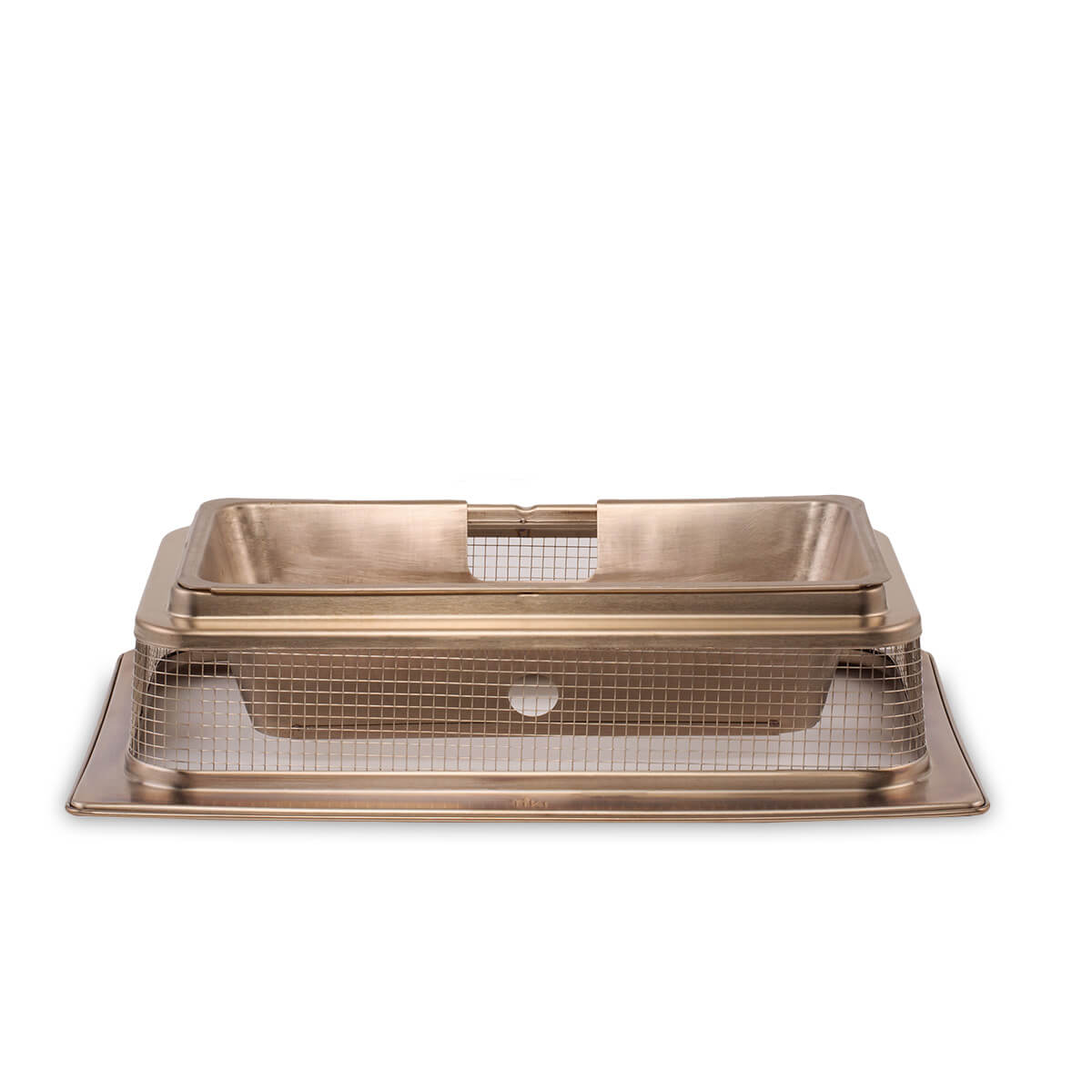 Gold-colored metal steamer tray with mesh insert and handles.
