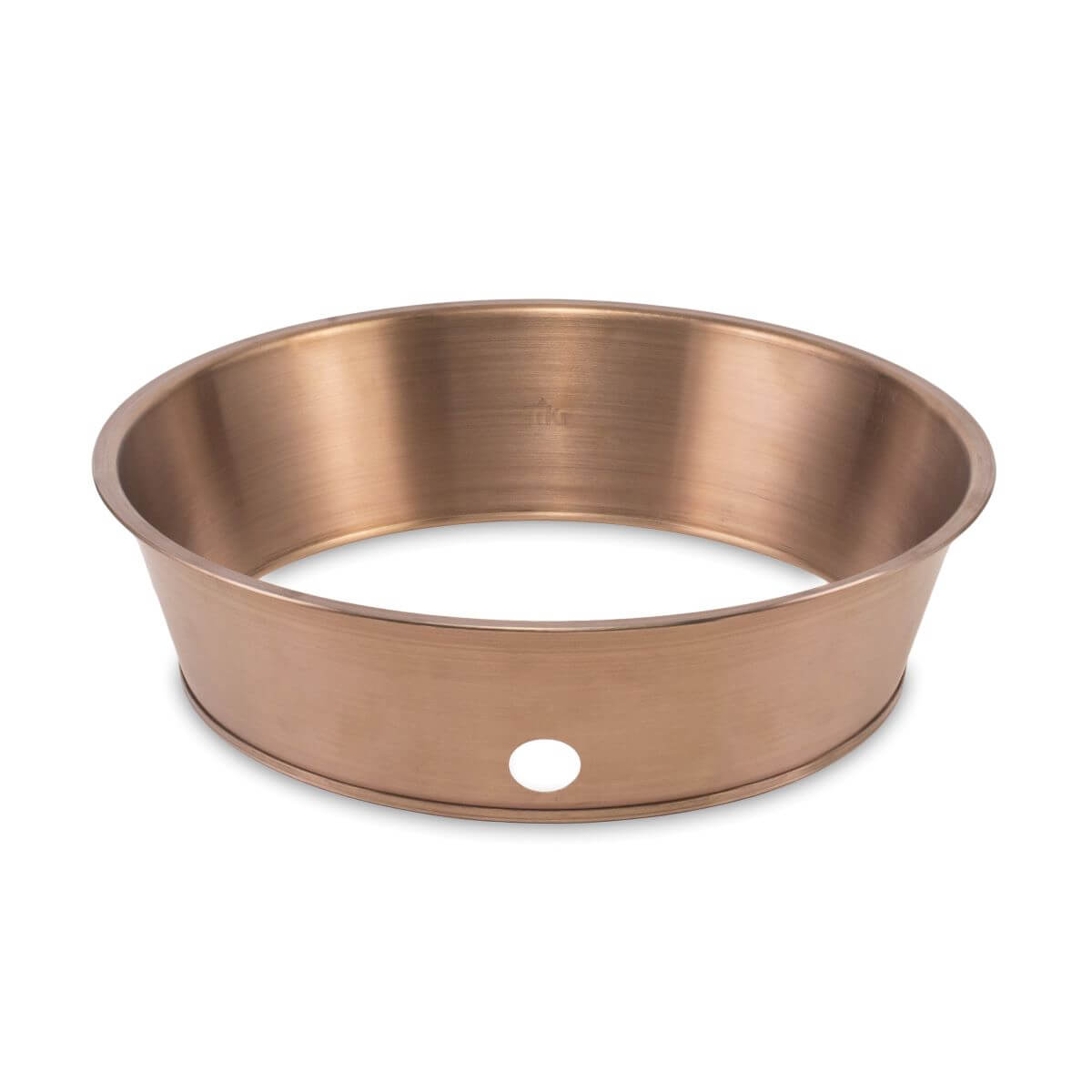 Copper round baking pan with single hole on side.