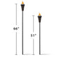 Two black TIKI torches with flames, shown at 66" and 51" heights against a white background.