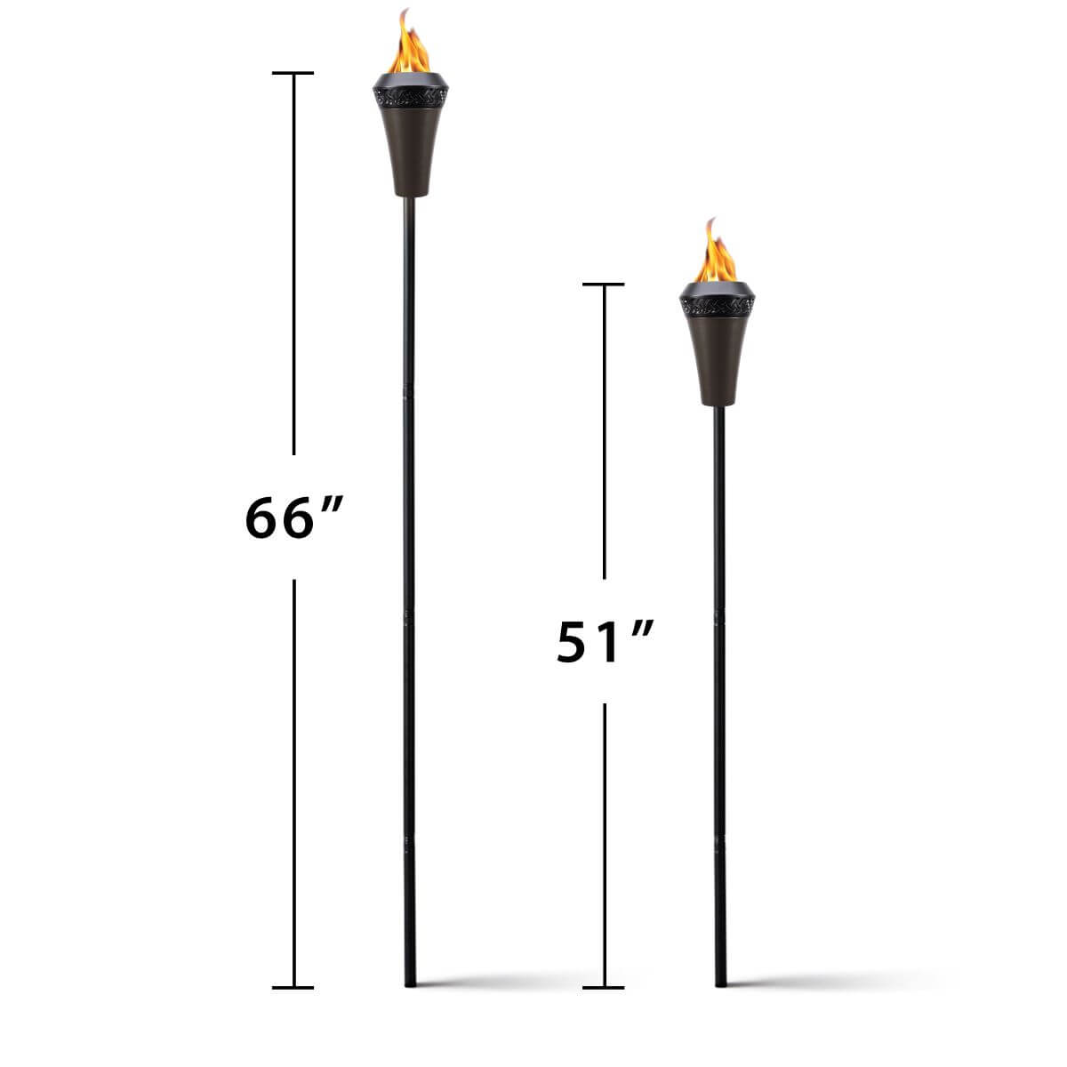 Two black TIKI torches with flames, shown at 66" and 51" heights against a white background.