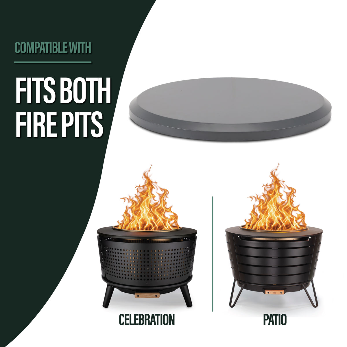 Round metal fire pit lid, compatible with both Celebration and Patio fire pits. Shown in sleek gray finish.