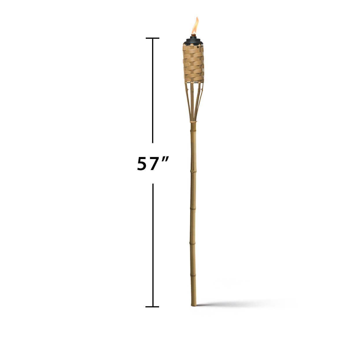 A 57-inch bamboo TIKI torch with a woven top and visible flame, shown on a white background.