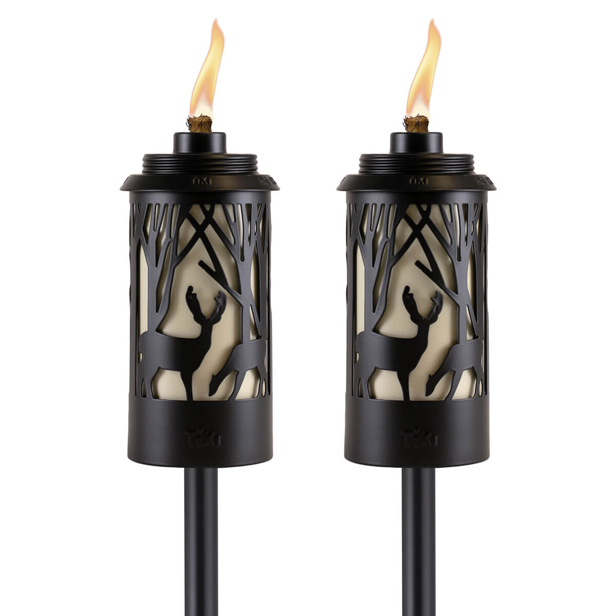 Pair of TIKI Brand torches with black deer and forest cutout design, each lit with a visible flame.