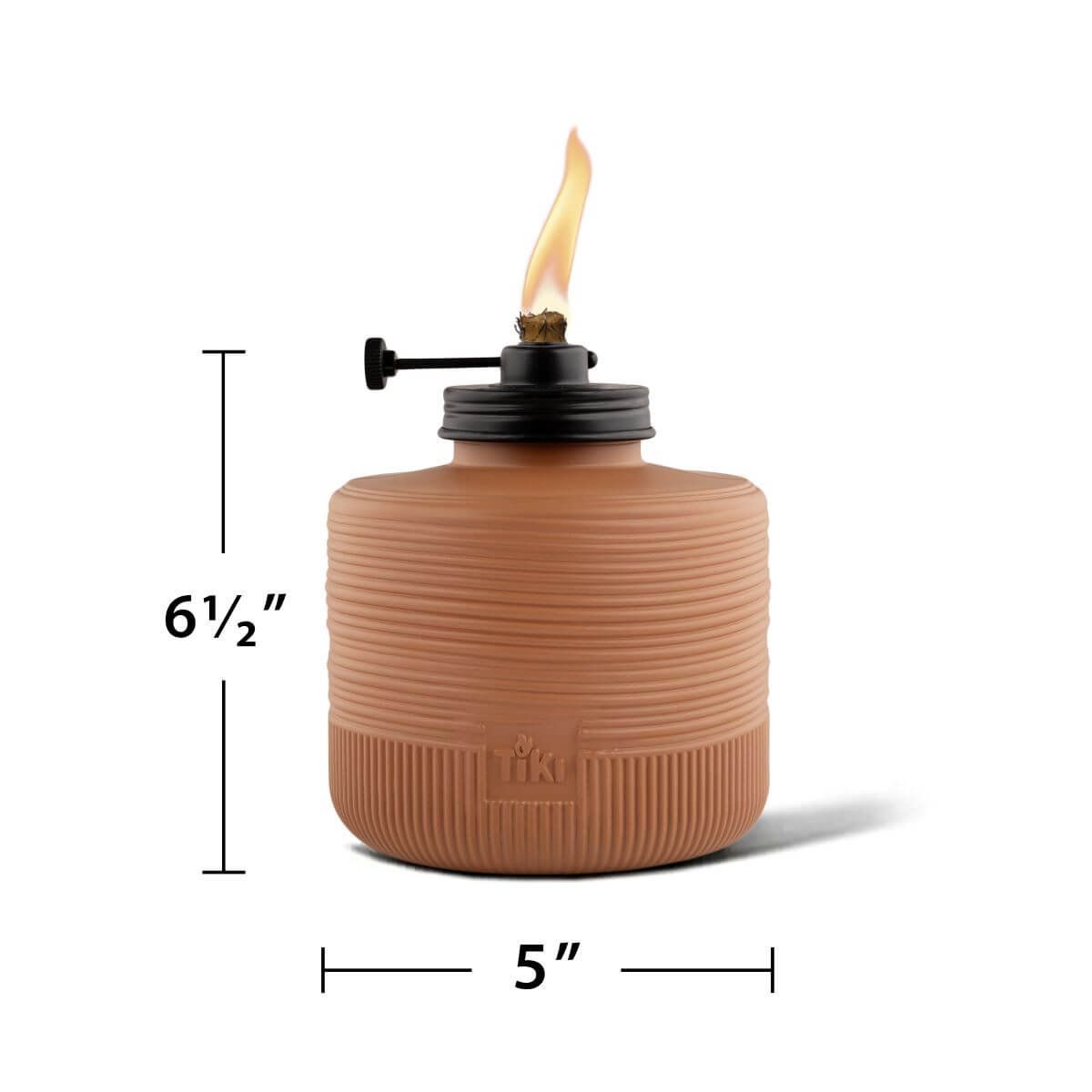 Terracotta tabletop tiki torch, 6.5" tall and 5" wide, ribbed texture, black top with flame.