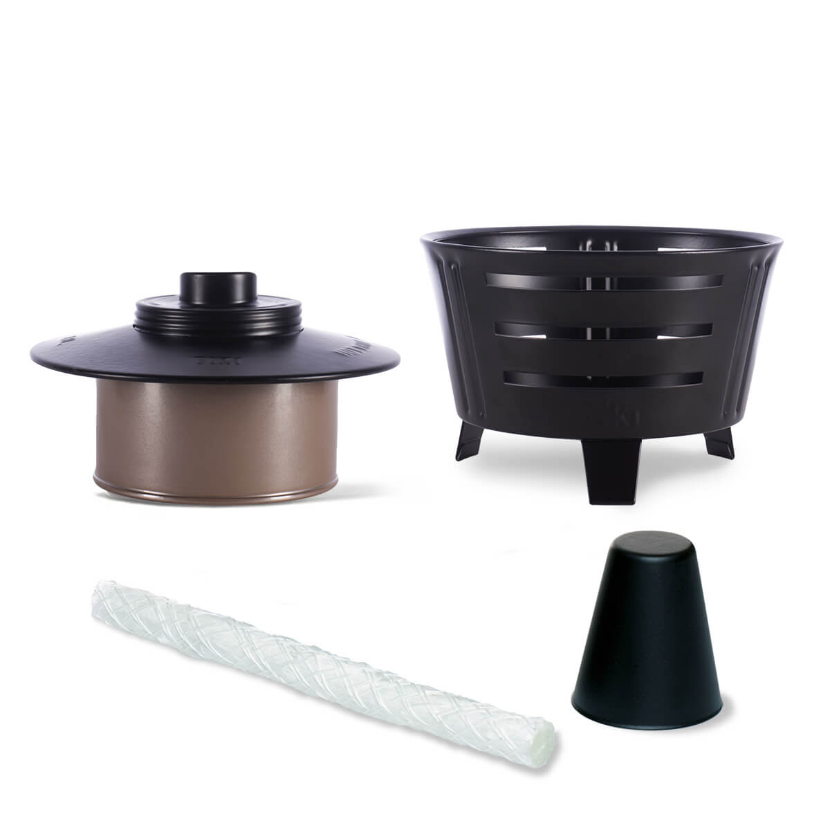 TIKI Brand tabletop fire pit replacement parts kit, including burner, base, wick, and snuffer cap.