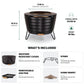 Black metal fire pit, 24" wide, 18.41" tall, includes cover, stand, removable ash pan, and dome insert. Weighs 46 lbs.