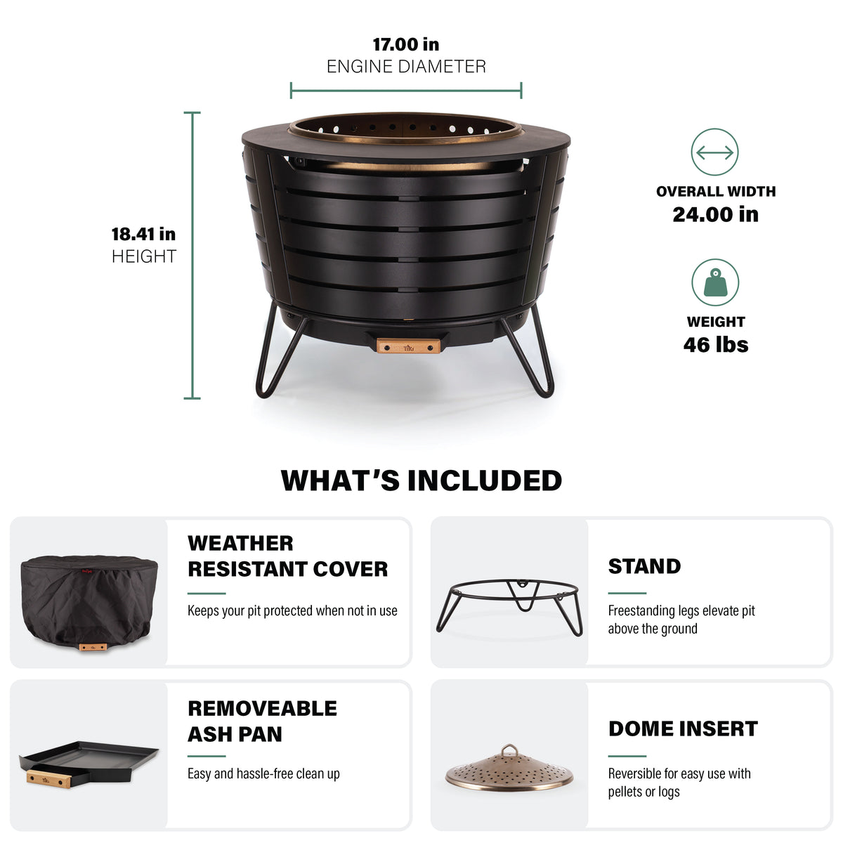 TIKI Brand Patio Smokeless Fire Pit with size specs and included cover, stand, ash pan, and dome insert