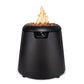 Black TIKI propane fire pit with visible flame and lava rocks, designed for outdoor patio use.