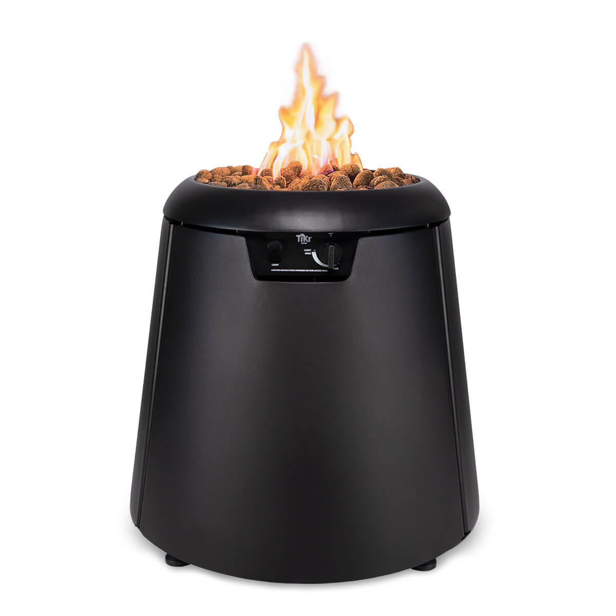 Black TIKI propane fire pit with visible flame and lava rocks, designed for outdoor patio use.