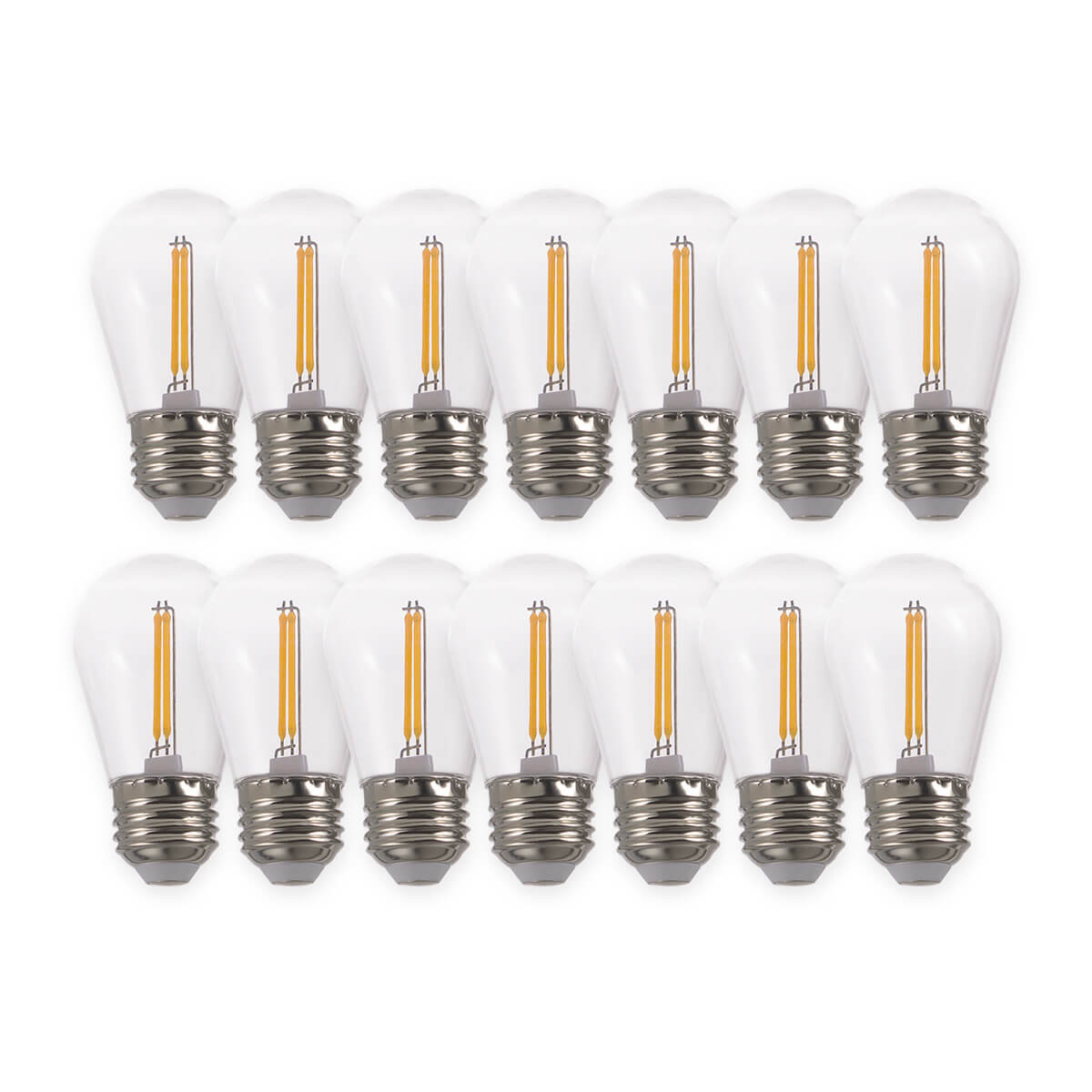 Set of 14 clear LED filament bulbs, compatible with TIKI outdoor lighting products.