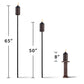 Three TIKI torches shown at 65", 50", and 8" heights, each lit, for versatile outdoor or tabletop use.