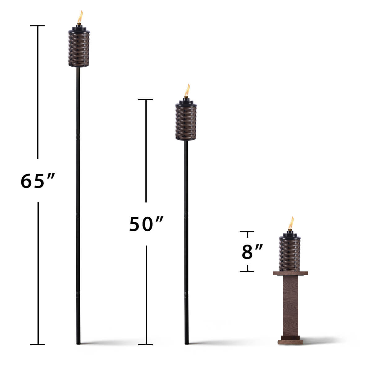 Three TIKI torches shown at 65", 50", and 8" heights, each lit, for versatile outdoor or tabletop use.