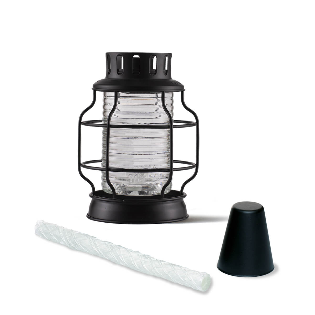 Black metal and glass TIKI® lantern with replacement wick and snuffer cap, ideal for outdoor lighting.