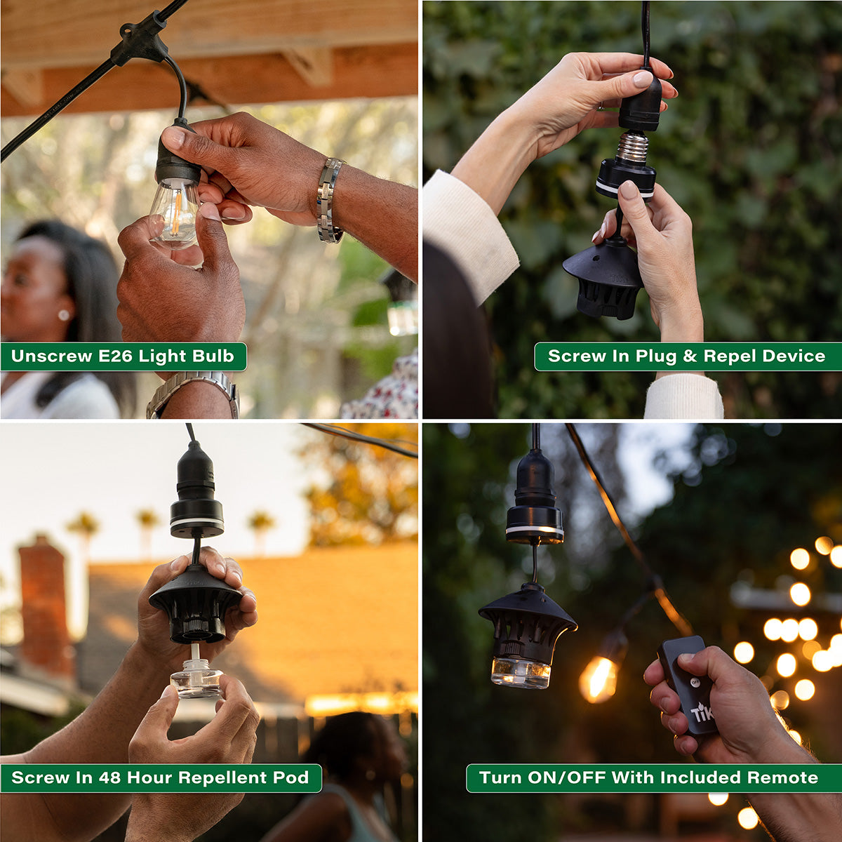 Outdoor string light mosquito repellent device; easy screw-in setup, includes 48-hour pod and remote control for ON/OFF.