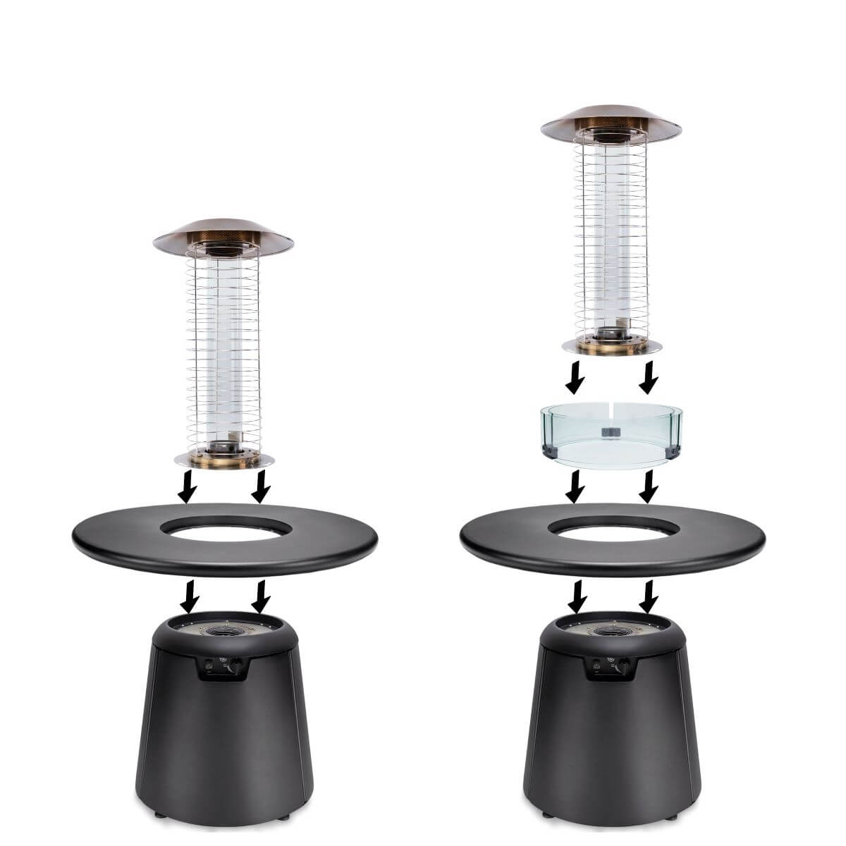 Two assembly diagrams for a TIKI Brand fire pit, showing step-by-step parts placement with and without a glass shield.