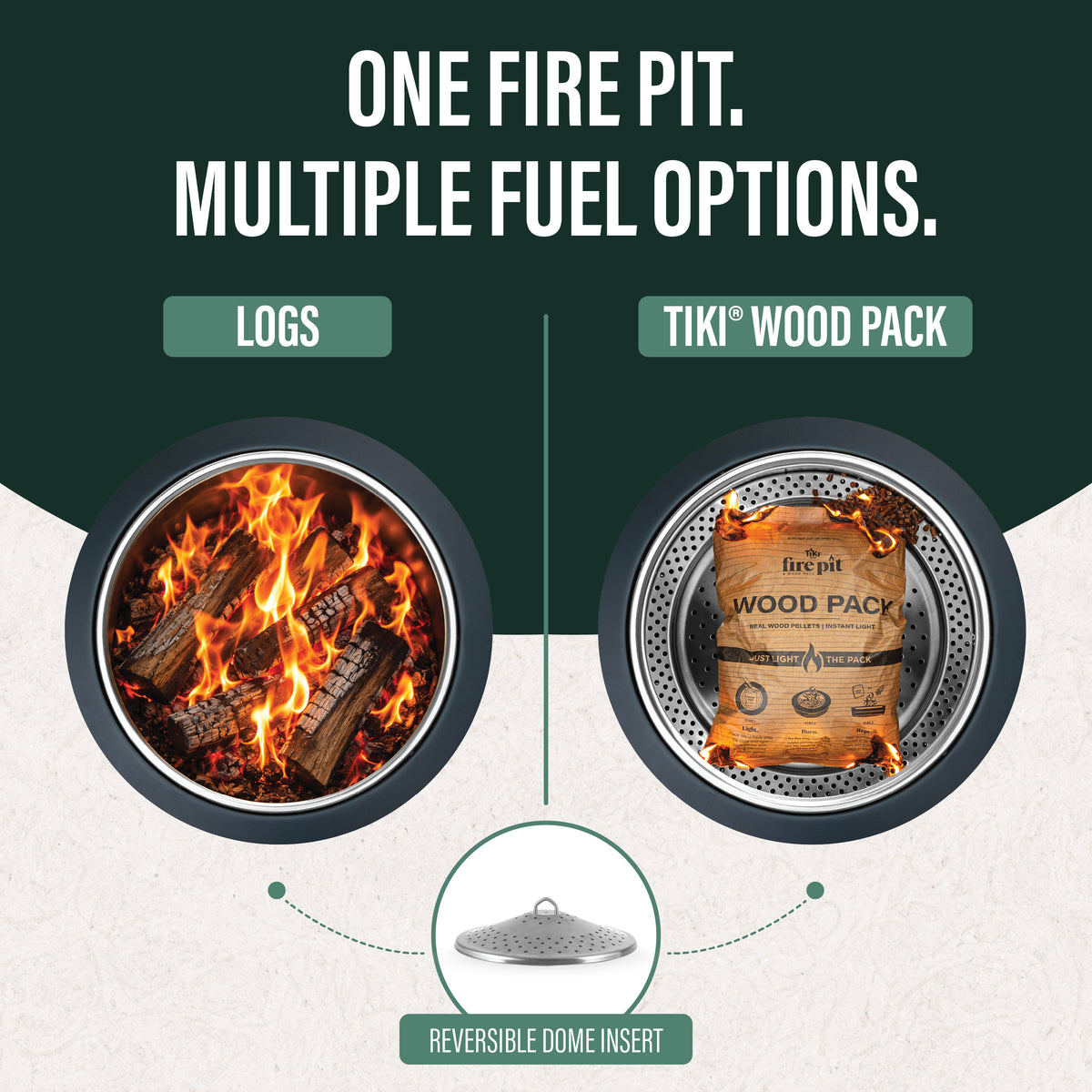 Fire pit with multiple fuel options: burns logs or TIKI® Wood Pack. Includes a reversible dome insert for versatility.