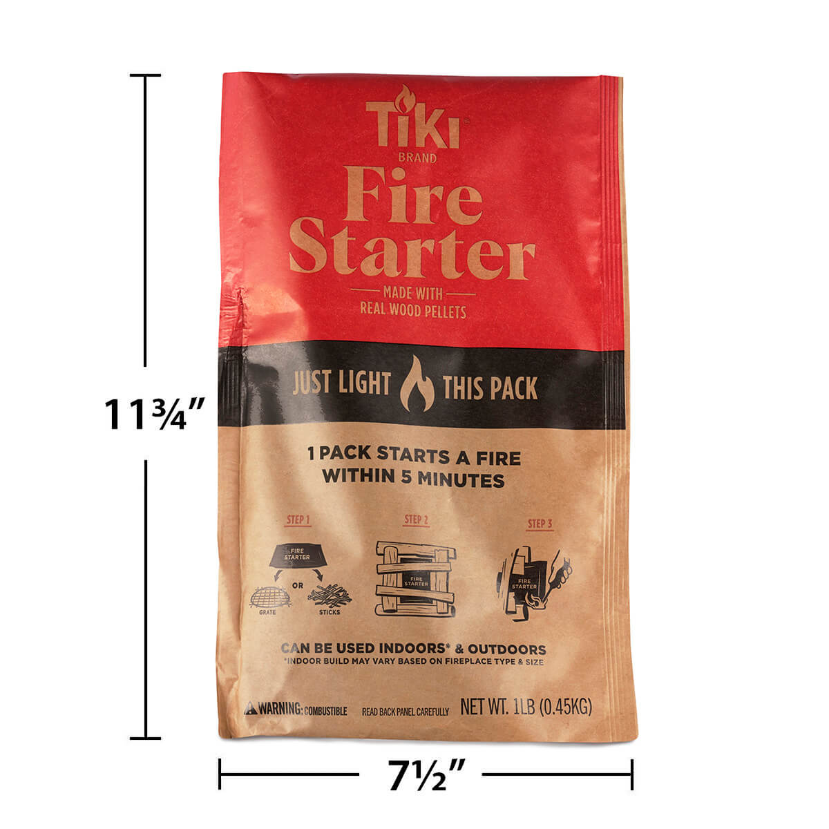 Red Tiki Brand Fire Starter pack, made with real wood pellets, 1 pack starts a fire within 5 minutes.