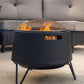 Black outdoor fire pit with lid and side storage, brand Nik.