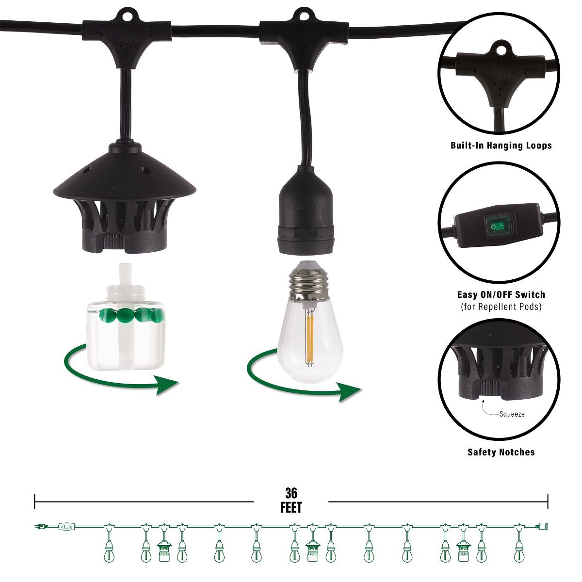 36-foot TIKI string lights with built-in hanging loops, easy on/off switch, and slots for mosquito repellent pods.