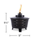 Black TIKI tabletop torch with flame, 5.5 inches tall and 5 inches wide, shown on a white background.