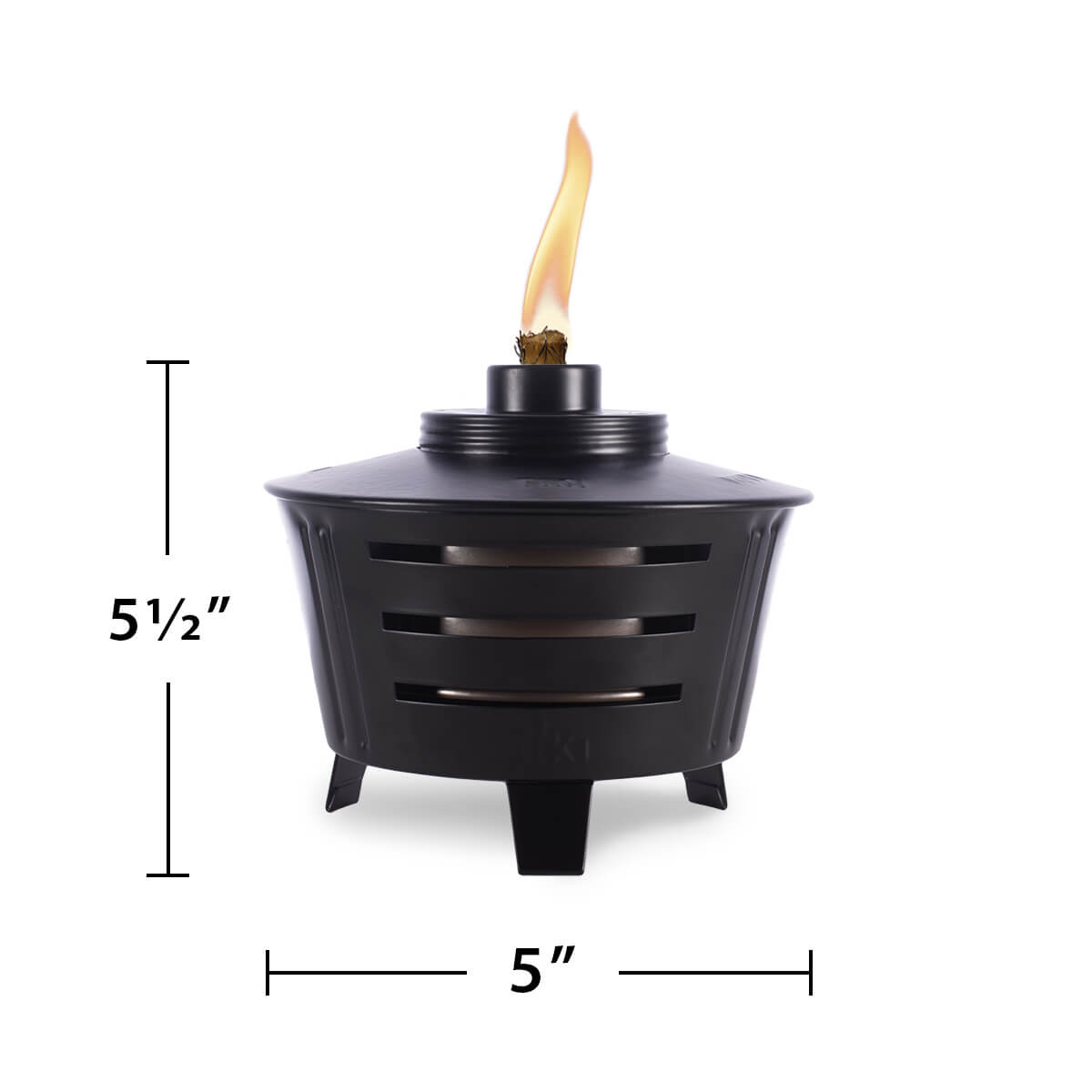 Black TIKI tabletop torch with flame, 5.5 inches tall and 5 inches wide, shown on a white background.