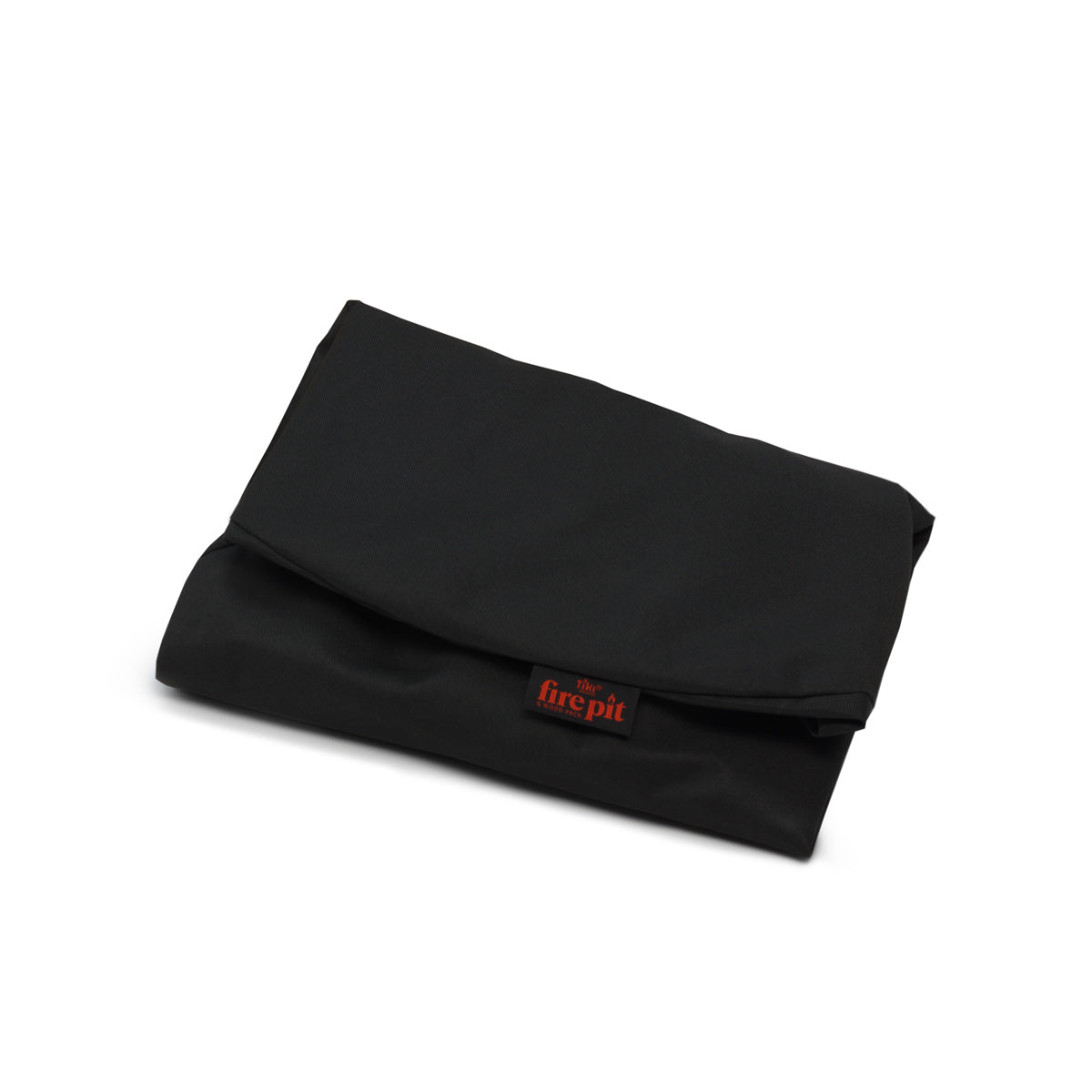 TIKI Brand Reunion Smokeless Fire Pit Replacement Cover and Hardware, folded black fabric cover with logo tag