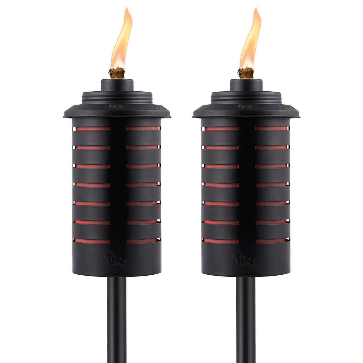 Two black TIKI Brand outdoor torches with modern slatted design, each lit with a visible flame.