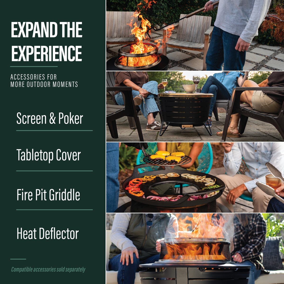 Outdoor fire pit with accessories: screen & poker, tabletop cover, griddle, and heat deflector. Accessories sold separately.