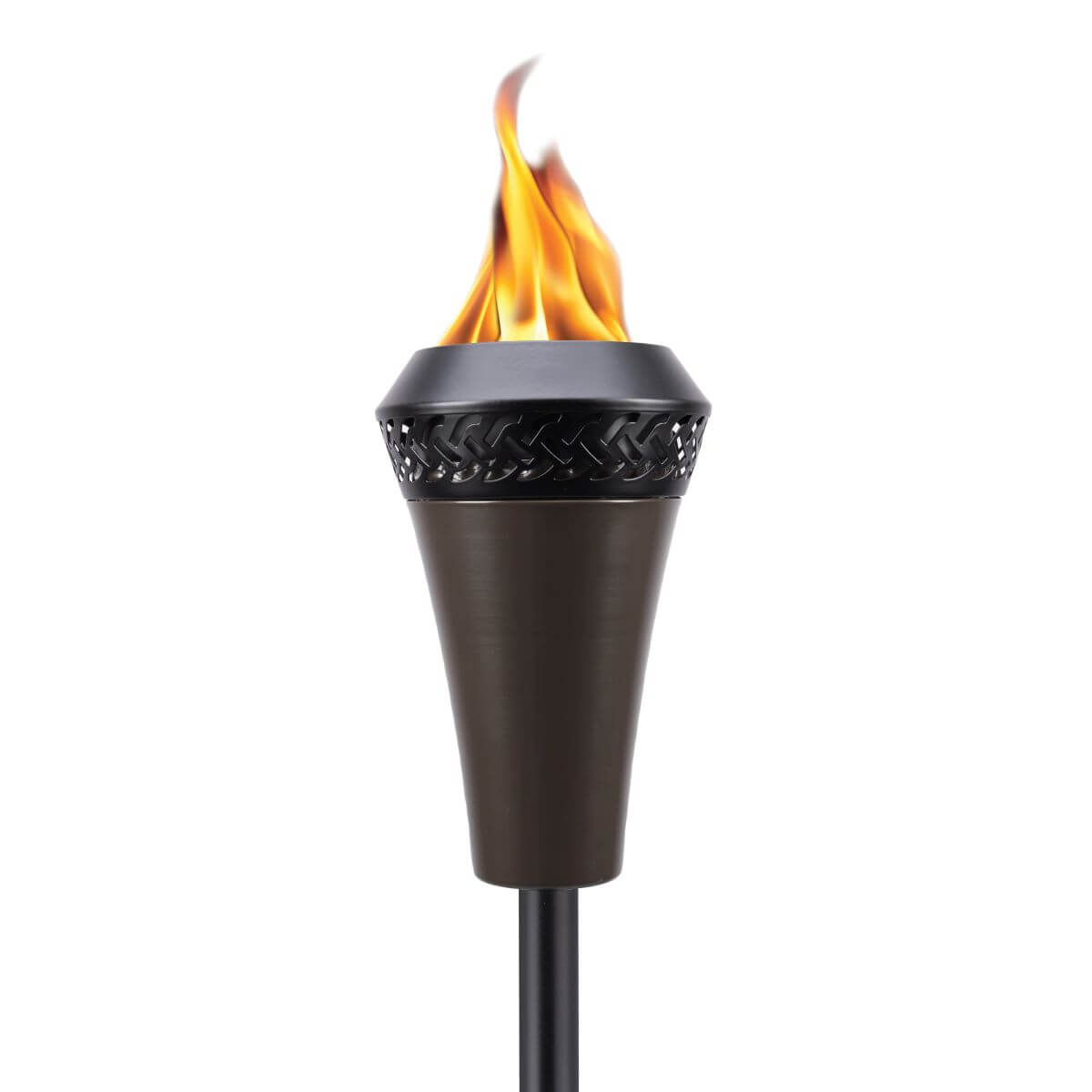 Black metal TIKI torch with decorative top, burning bright flame; outdoor patio lighting product on white background.