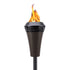 Black metal TIKI torch with decorative top, burning bright flame; outdoor patio lighting product on white background.