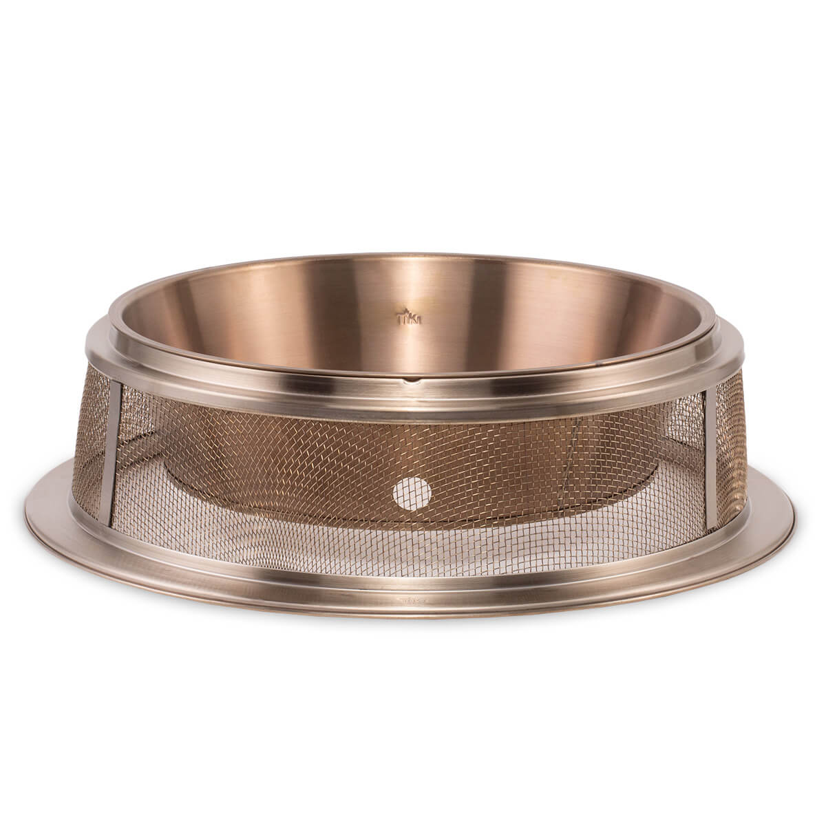 Copper-colored metal fire pit with mesh screen and base.
